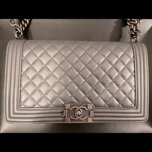 Chanel large boy bag in dark silver